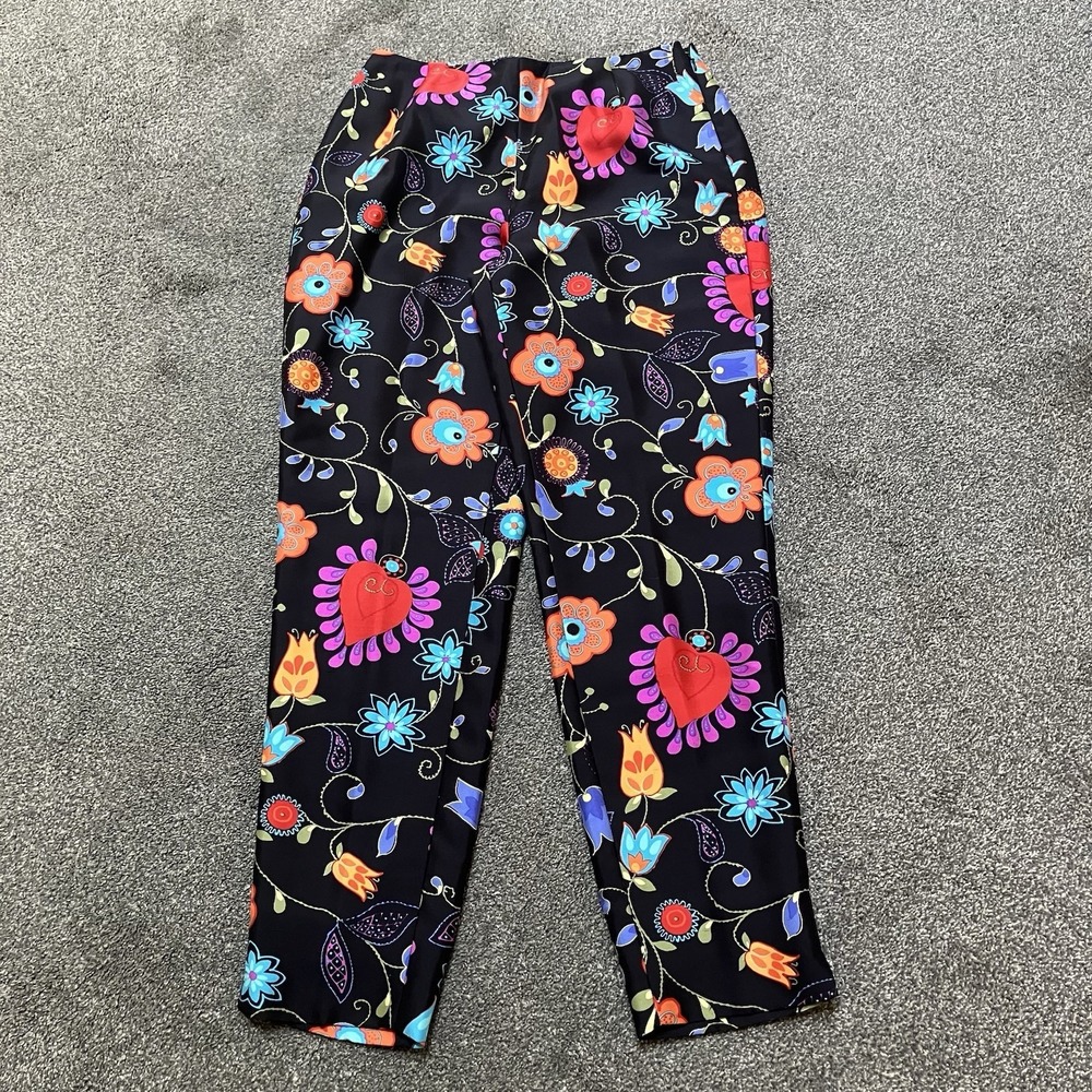 Barry Bricken Women's Size 8 Ankle Pants 100% Silk Boho Festival Floral Black